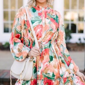 Pink and Orange Long Sleeve Wrap Sundress for Wedding Guest